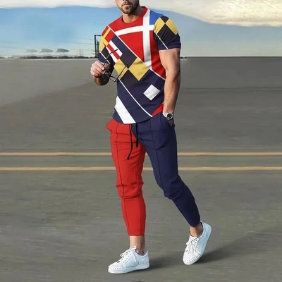 Men Fashion Casual 3D Print Short Sleeve Round Neck T-Shirt Pants Plus Size Sets