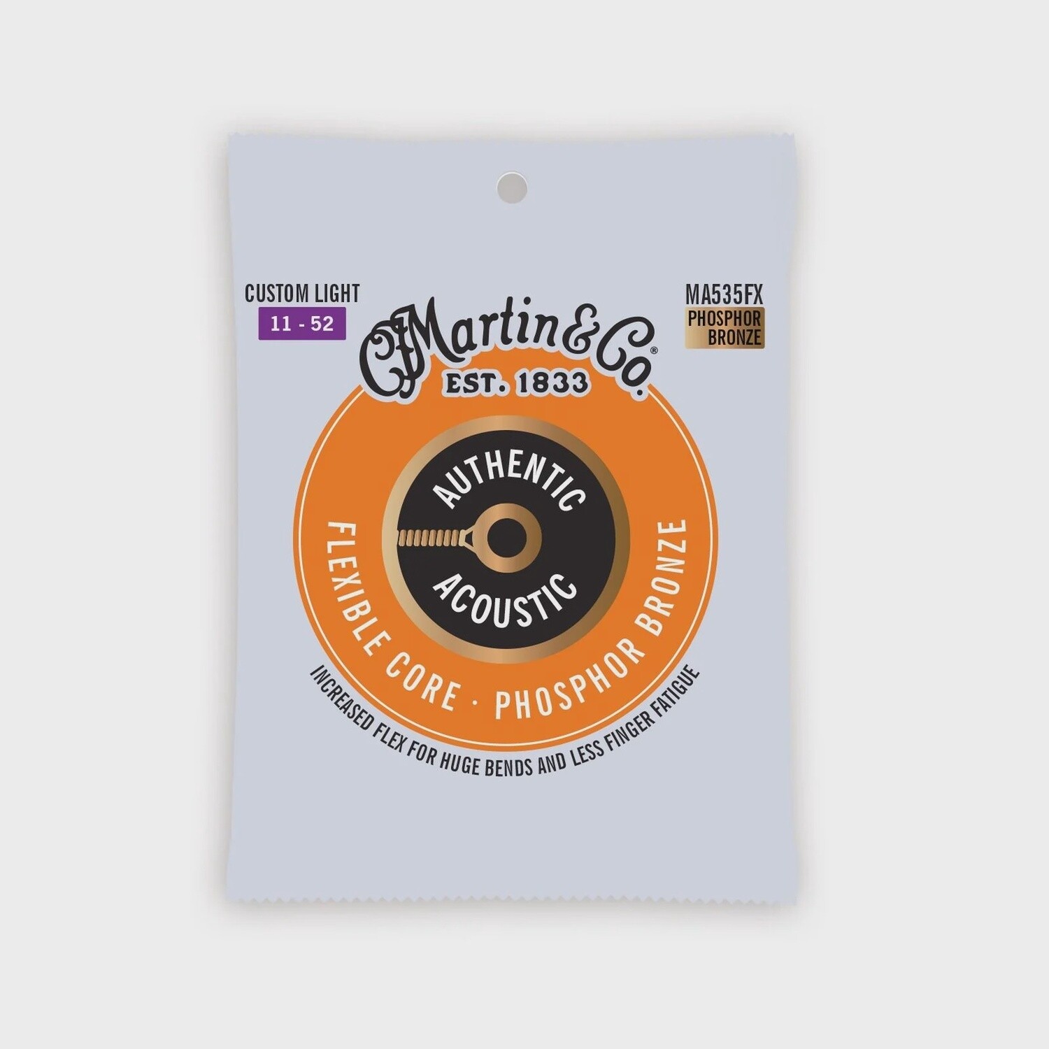 Martin Authentic Acoustic Flexible Core Guitar Strings Phosphor Bronze, Size: Custom Light