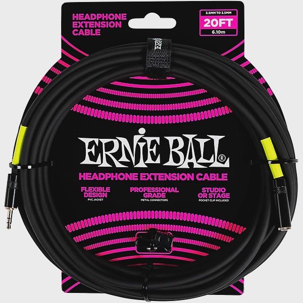 Ernie Ball Headphone Extension Cable 3.5mm to 3.5mm 20 ft. Black