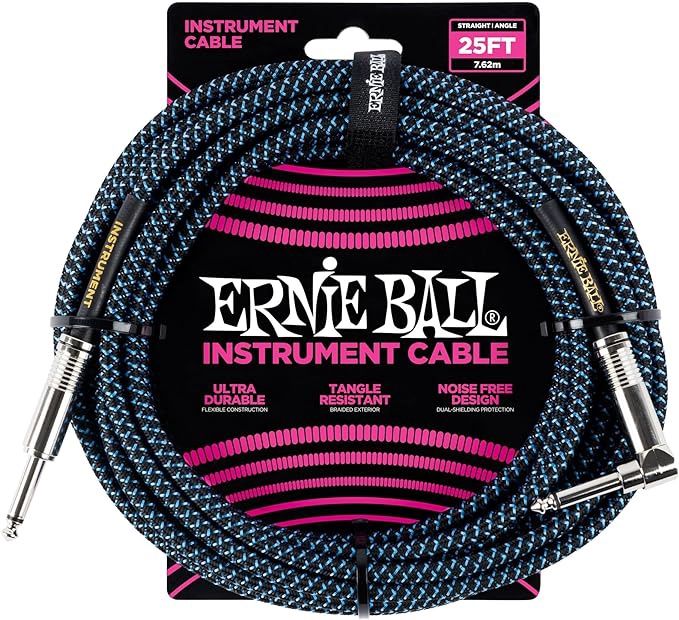 Ernie Ball Braided Instrument Cable, Straight/Angle, 25ft, Blue/Black
