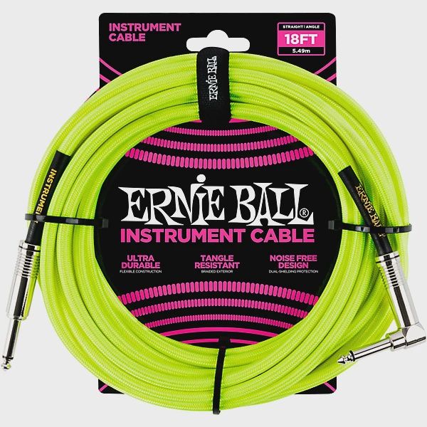 Ernie Ball 18&#39; Straight to Angle Braided Instrument Cable Neon Green