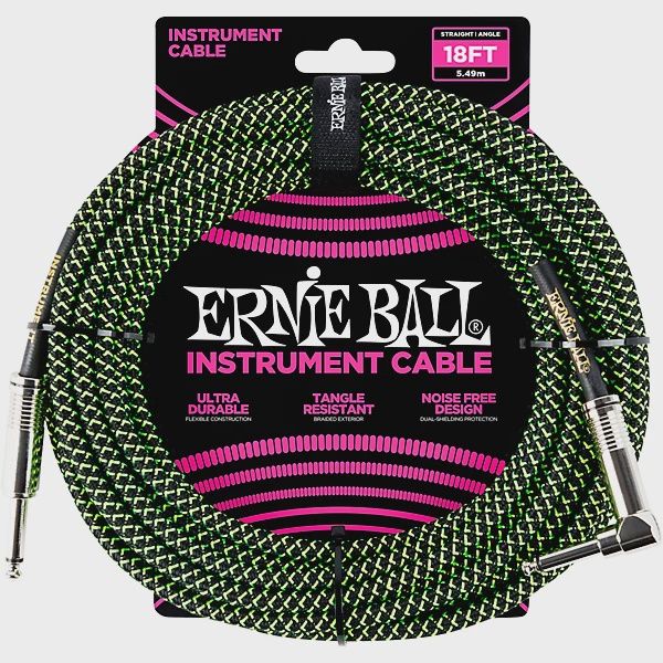 Ernie Ball 18&#39; Straight to Angle Braided Instrument Cable Black and Green