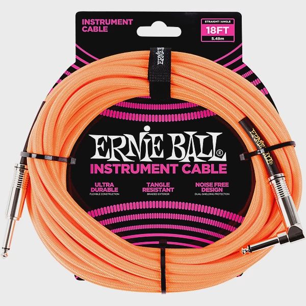 Ernie Ball 18&#39; Straight to Angle Braided Instrument Cable Neon Orange