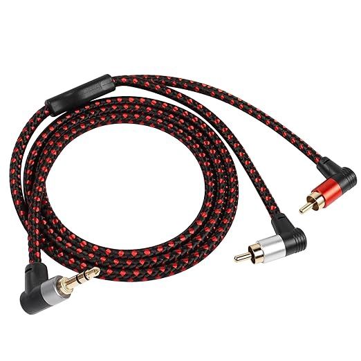 RIIEYOCA 90 Degree Right Angle 3.5mm to 2 RCA Cable 3FT,2RCA Male to 3.5mm TRS Male Stereo Y Splitter Adapter for Smartphone, Speaker, MP3, Tablet &amp; More