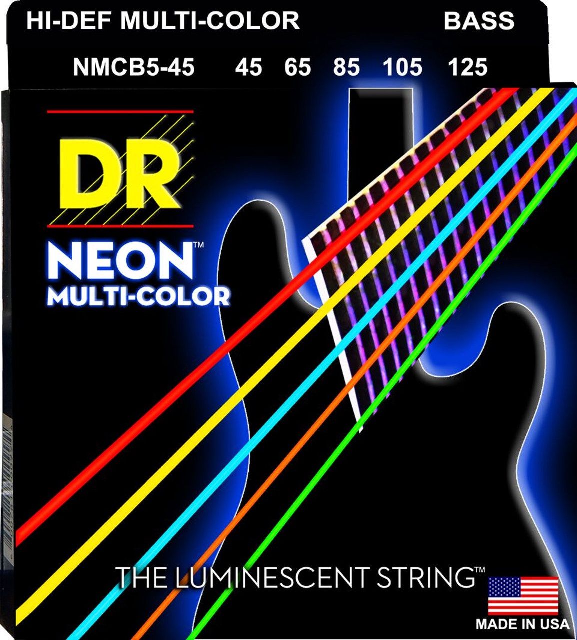 DR Hi-Def Neon Multi-Color K3 Coated Bass Guitar Strings NMCB5-45 Med 5 String 45-125