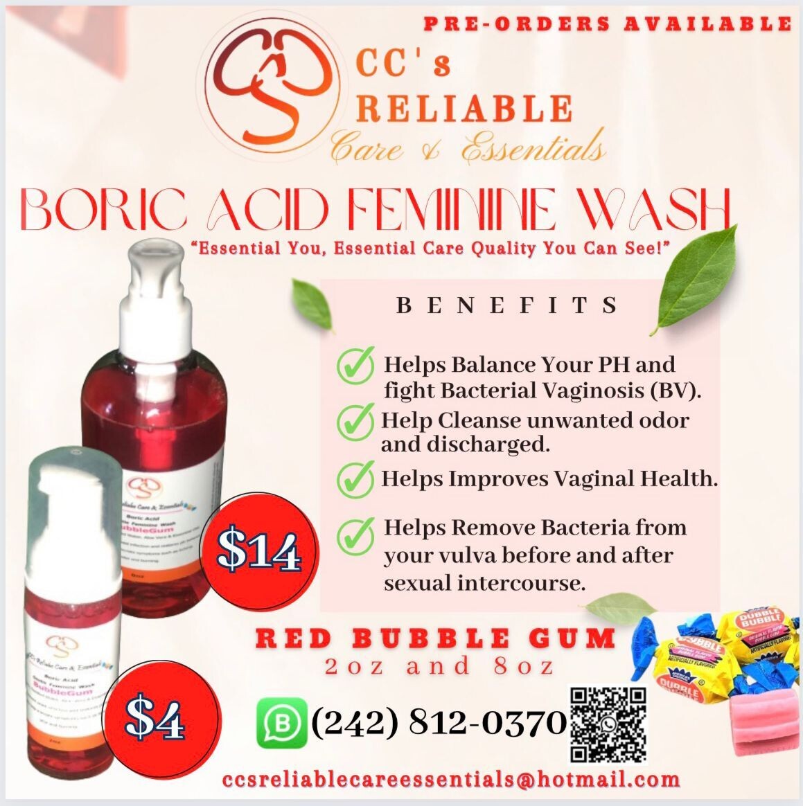 Boric Acid Wash (Red Bubblegum)/Cotton Candy