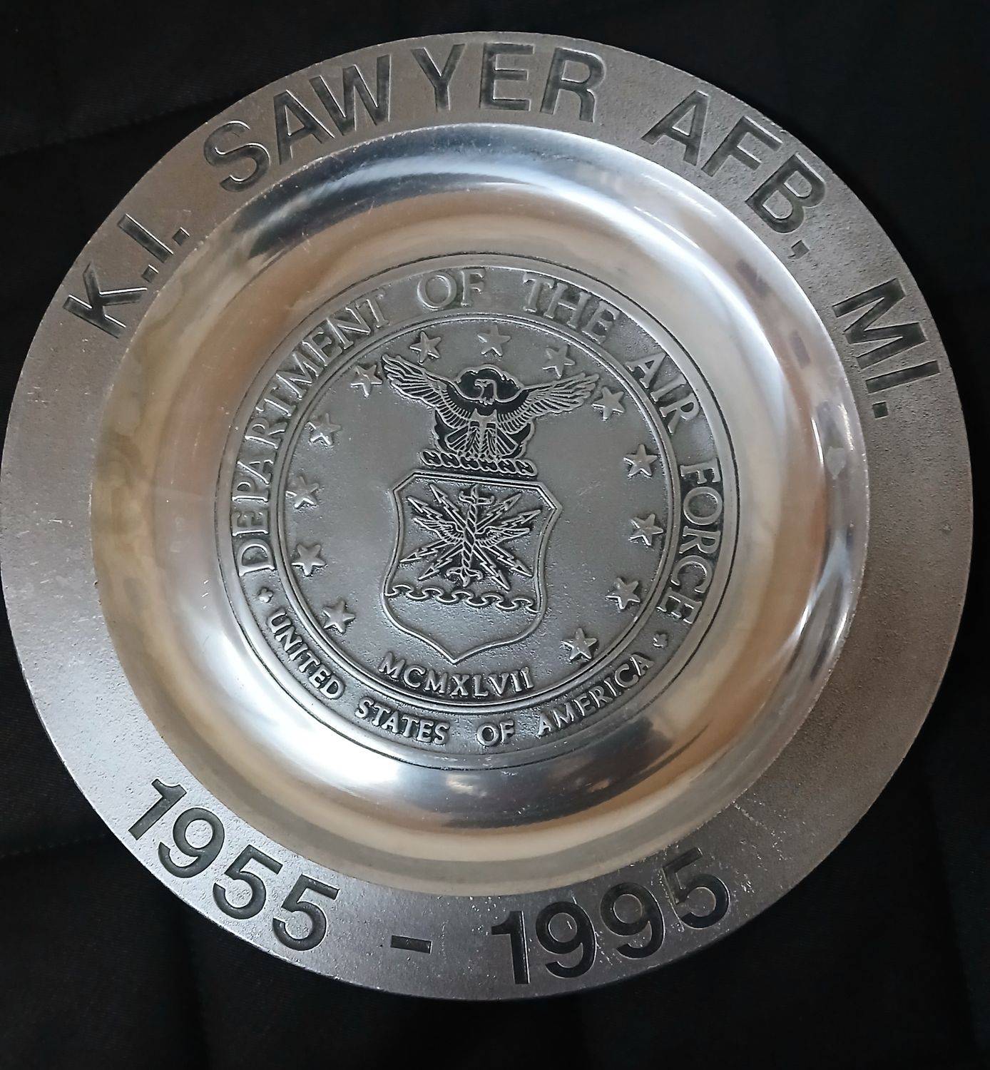 Pewter Plate K.I. Sawyer 1956 to 1995; 10 and 3/8 inches in diameter
