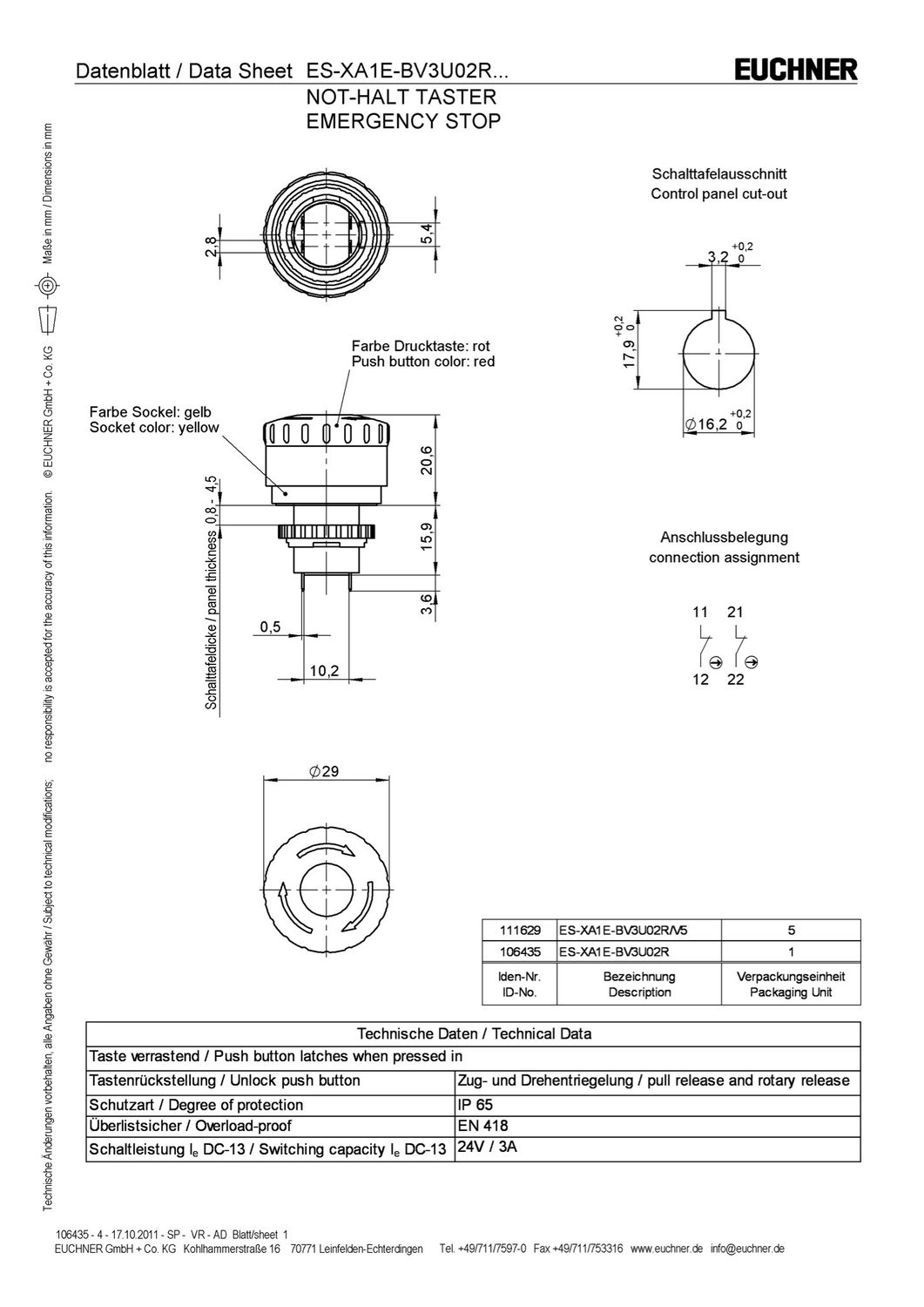 EUCHNER E-STOP BUTTON ES-XA1E-BV3U02R Mat.no 106435