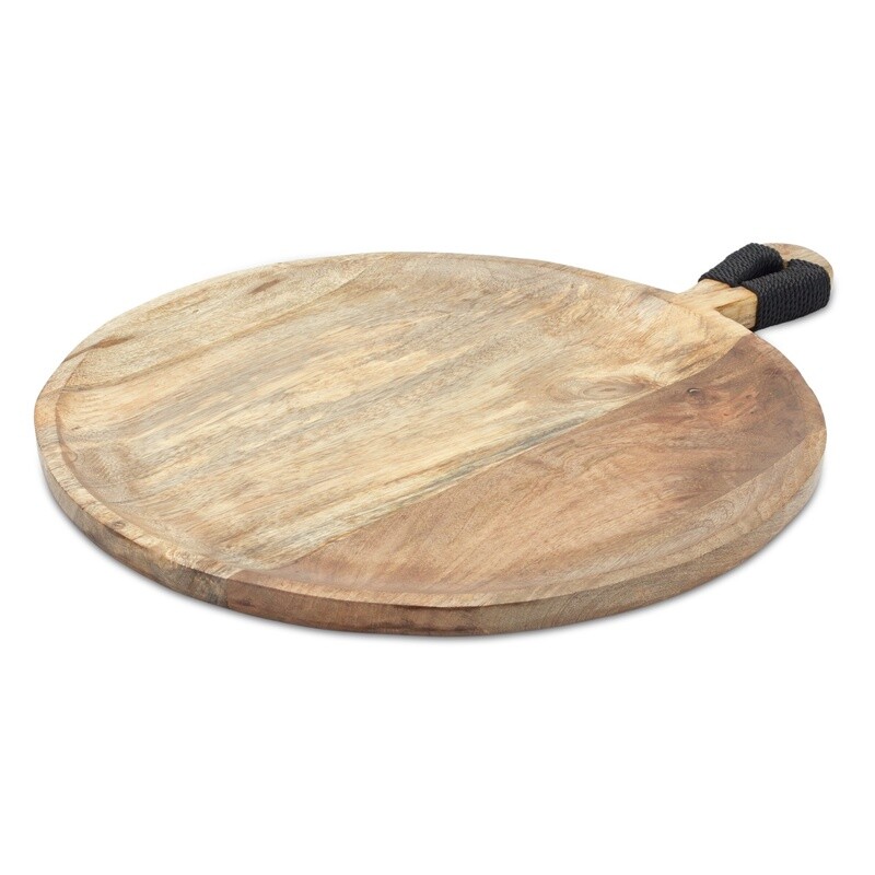 Round Mango Wood Tray with Wrapped Handle