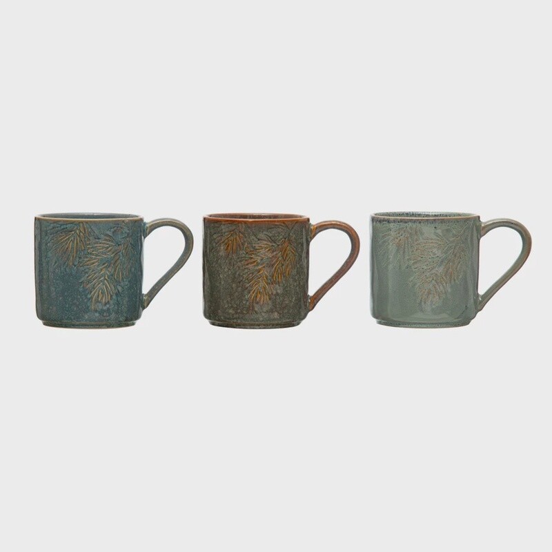 Stoneware Mug w/ Embossed Pine Bough - 3 colors, 8 oz