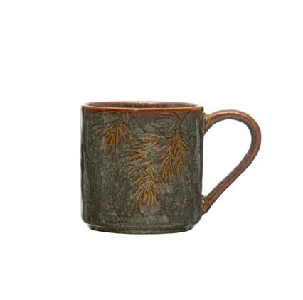 Stoneware Mug w/ Embossed Pine Bough - 3 colors, 8 oz, Color: Red