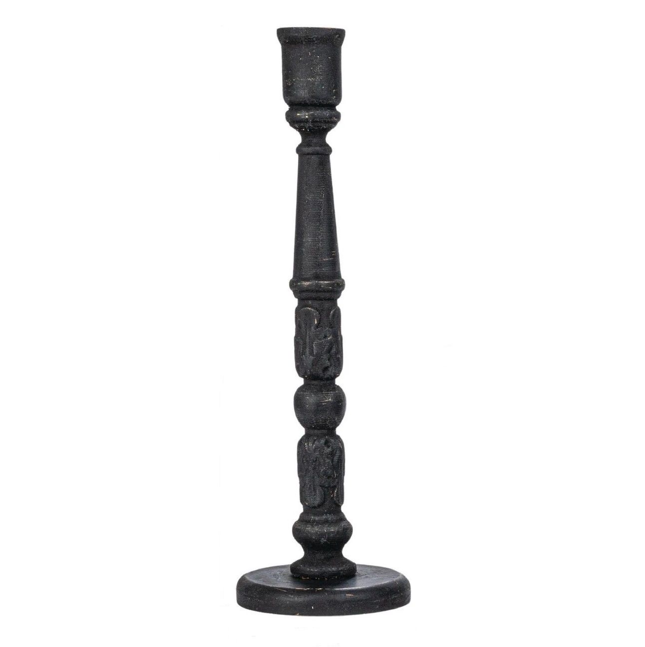 Wood Candlestick - Distressed Black, Shape: Large Leafy