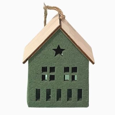 Felt House Ornament with Wood Roof, Color: Green