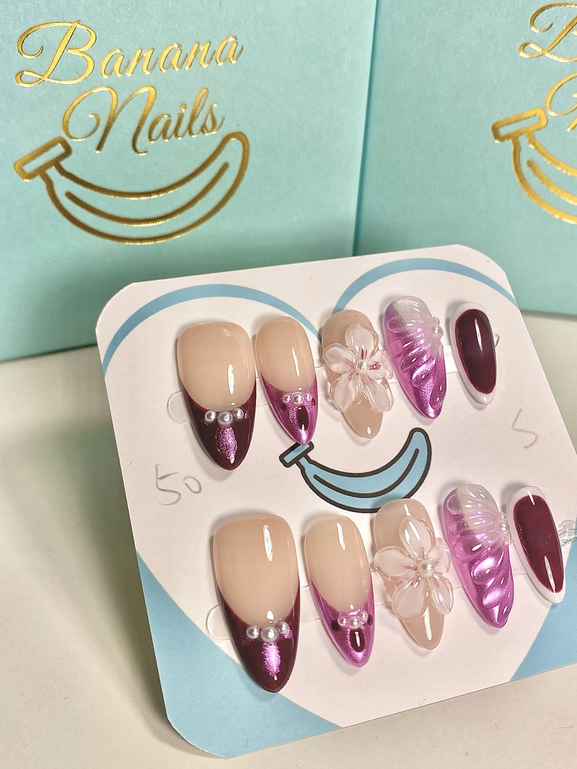 Shiny Purple Carved Flower French Tip