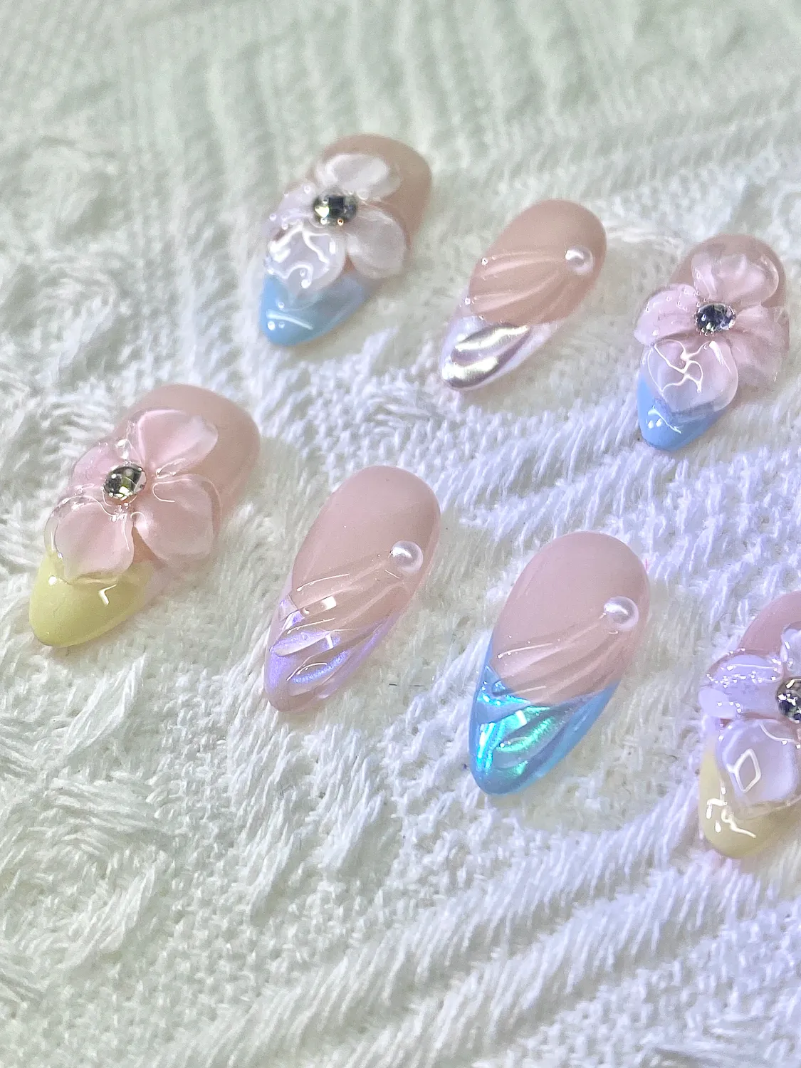 Blue Carved Flower French Tip