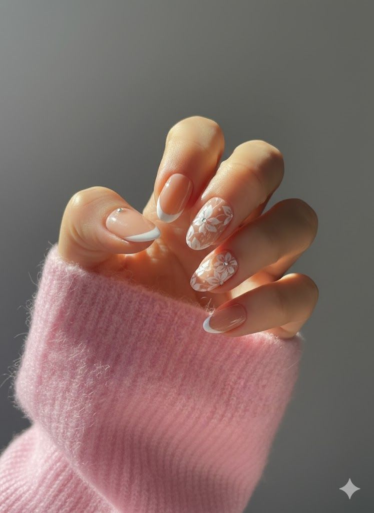 White flower French Tip Almond