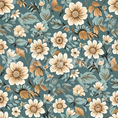 Cream and dark Teal Vintage Floral