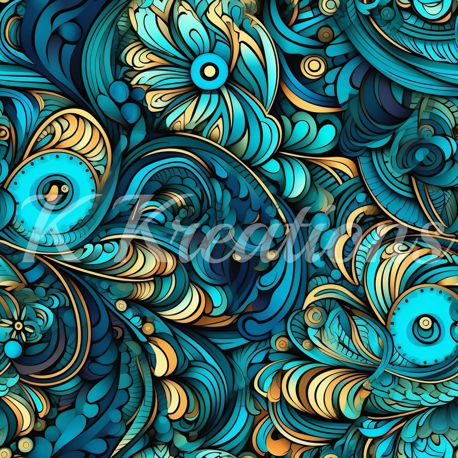 Teal and Gold Ornamental Paisley