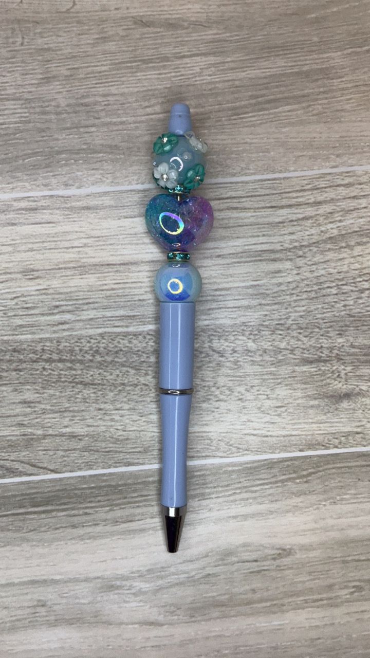 Light Blue pen with Heart and 3D Flower bead