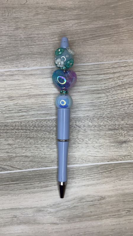 Light Blue pen with Heart and 3D Flower bead