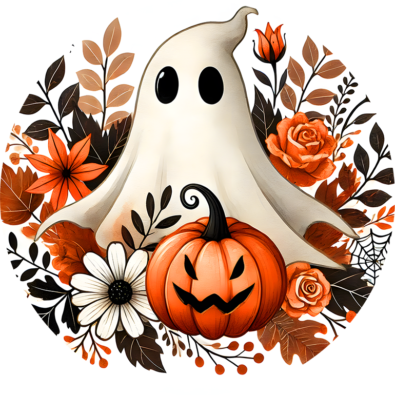Ghost with Pumpkin and Flowers