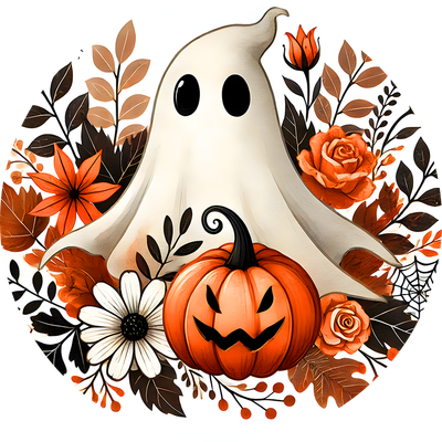 Ghost with Pumpkin and Flowers