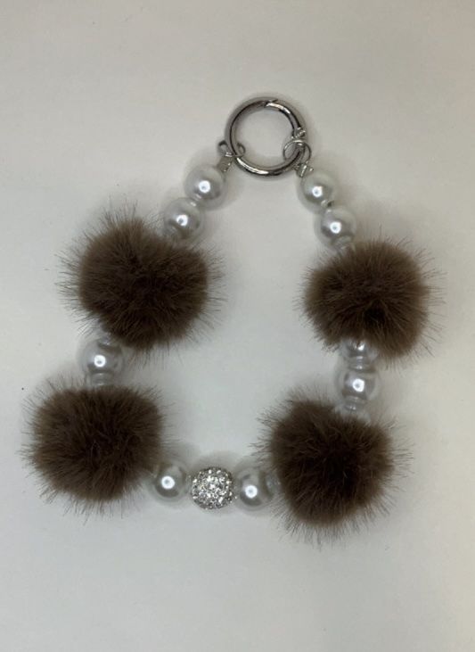 White Pearl with brown Poms key/phone chain
