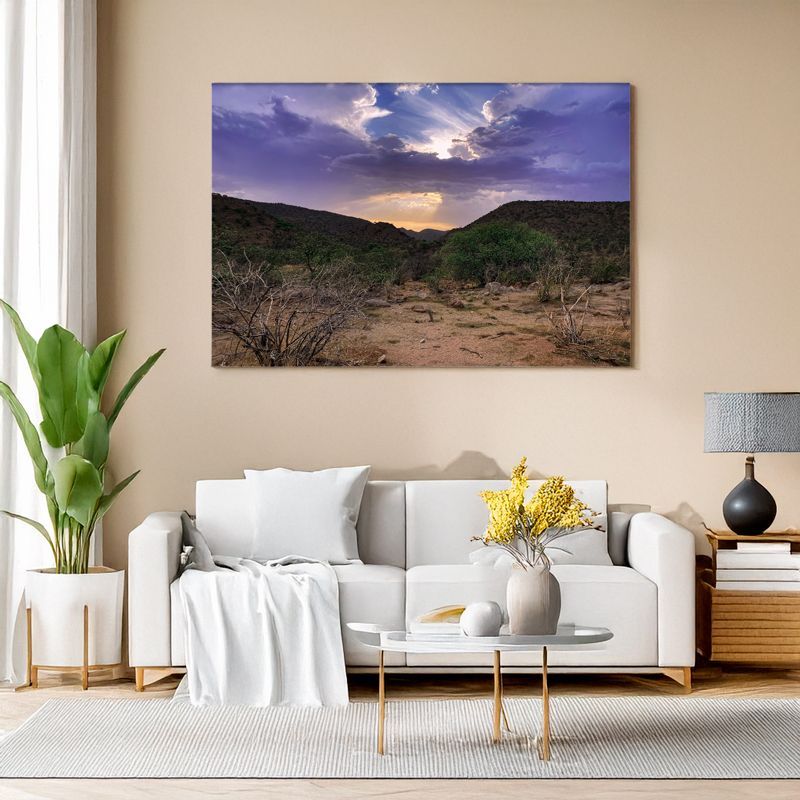 Canvas print of African savanna at dusk with purple sky, stylish wall art in living room