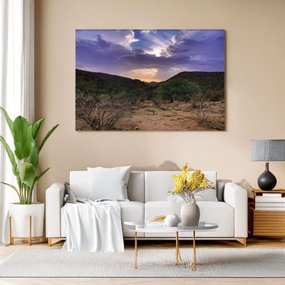 Canvas print of African savanna at dusk with purple sky, stylish wall art in living room
