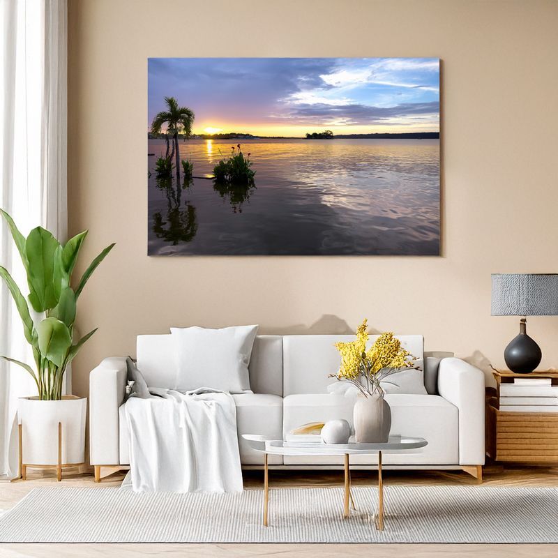 Canvas print of tropical lake sunset with palm trees reflected in water for warm living room decor
