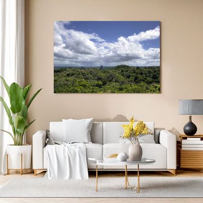Canvas print of Tikal ruins in vast green jungle with dramatic sky, stylish wall art for living room