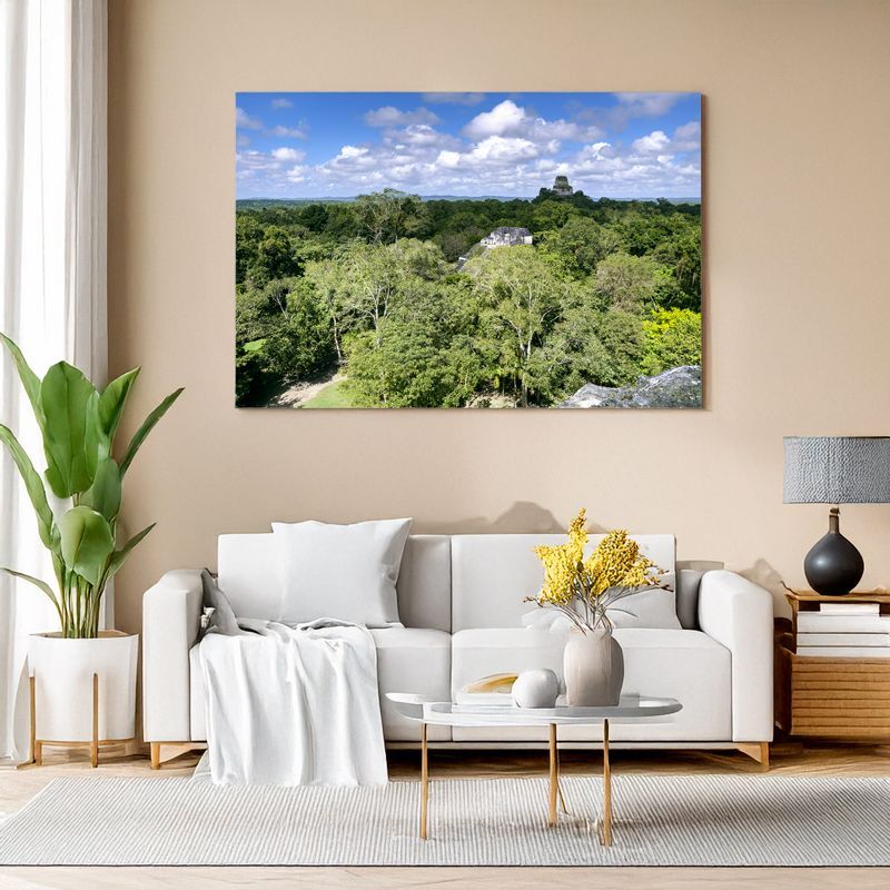 Canvas print of Tikal ruins peeking over lush jungle canopy for nature-inspired living room