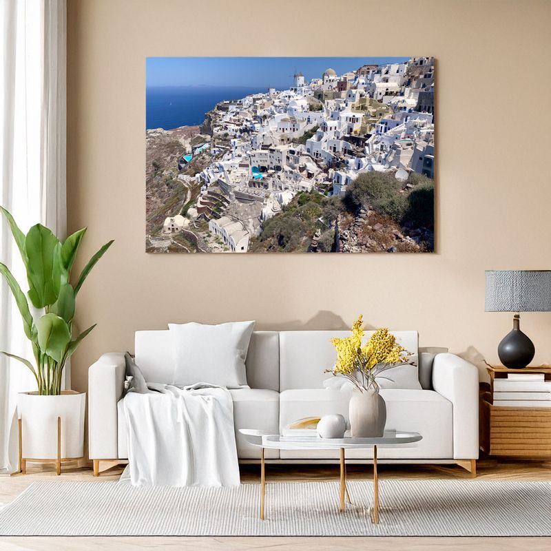 Canvas print of Santorini’s white houses cascading down cliffs for stylish living room decor