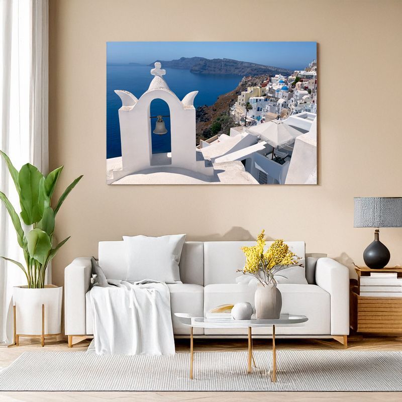 Canvas print of white bell tower in Santorini with stunning blue sea view for home decor
