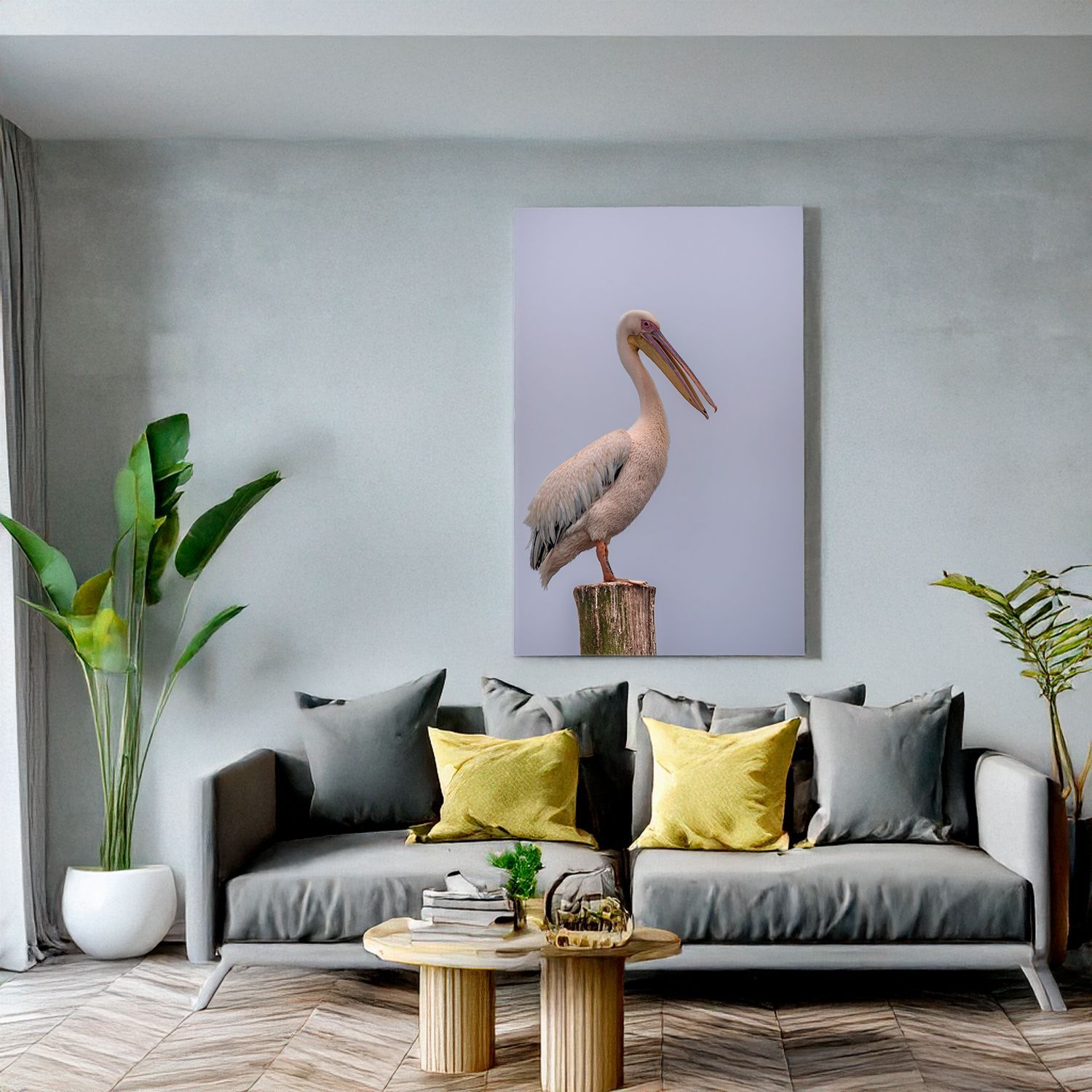 Canvas print of a great white pelican standing on a stump with grey background for stylish modern interiors