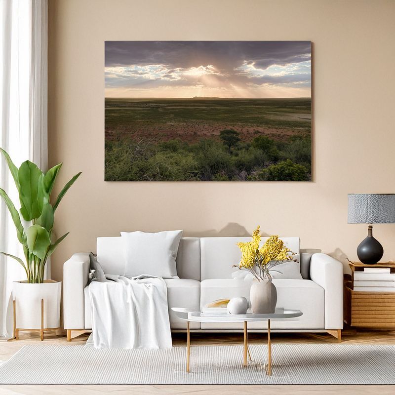 Modern living room with white sofa, canvas of dramatic Namibia landscape with sun rays.