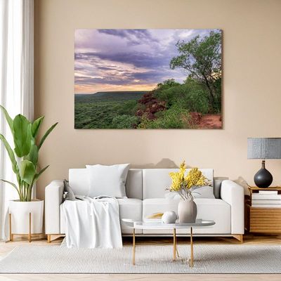 Modern living room with white sofa, canvas of lush Namibian landscape under a pastel-colored sky.
