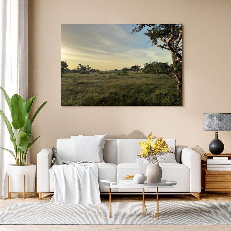 Modernes Wohnzimmer mit Leinwand einer  Savannenlandschaft