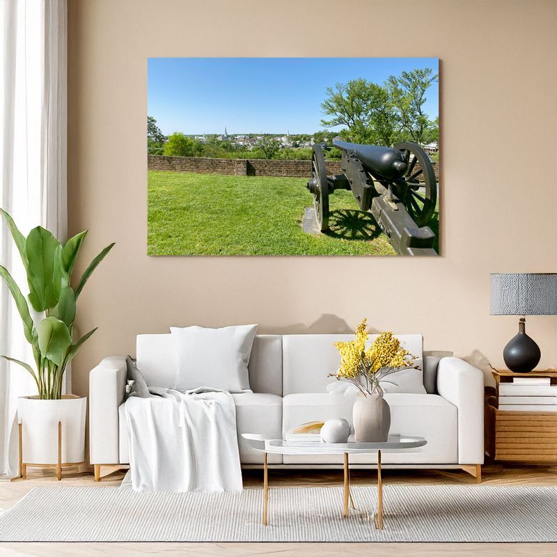Gerahmtes Landschaftsbild mit Kanone über Sofa in modernem Wohnzimmer