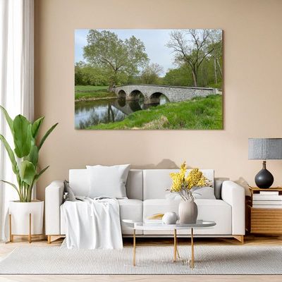 Gerahmtes Landschaftsbild mit Steinbrücke über Sofa in modernem Wohnzimmer