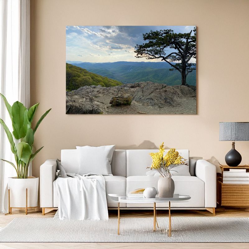 Gerahmtes Landschaftsbild mit Felsvorsprung über Sofa in modernem Wohnzimmer