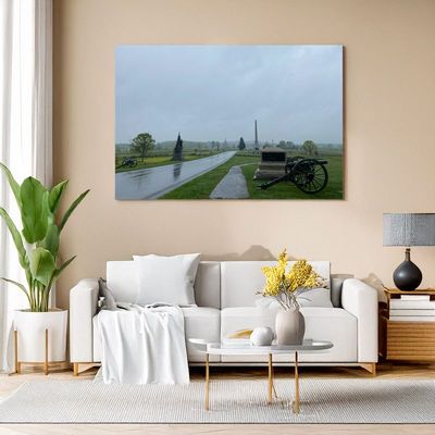 Gerahmtes Landschaftsbild mit Kanone und Regenlandschaft über Sofa in modernem Wohnzimmer