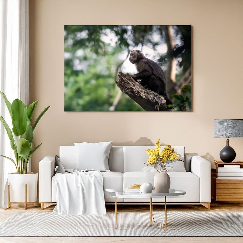 Black-horned Capuchin - The Forest Thinker Wall art of a brown monkey sitting on a branch above a modern sofa