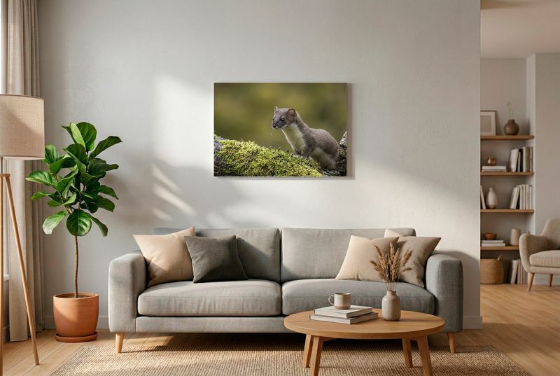 In this elegant portrait, a stoat is seen perched gracefully on a fallen branch covered in thick, emerald-green moss. The ani