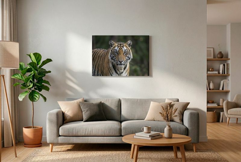 This commanding portrait captures a Bengal tiger (Panthera tigris tigris) in a moment of intense focus. The tiger is position