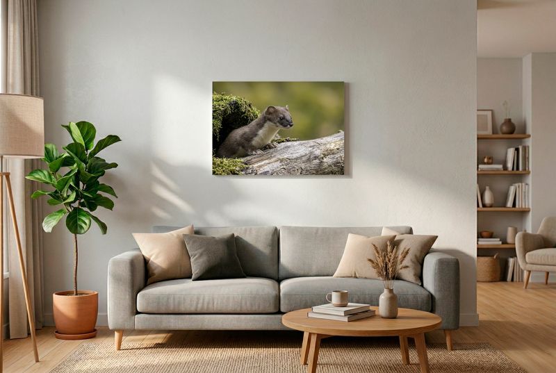 This charming wildlife photograph captures a stoat (Mustela erminea) in its summer coat, peeking out from a hollow, moss-cove