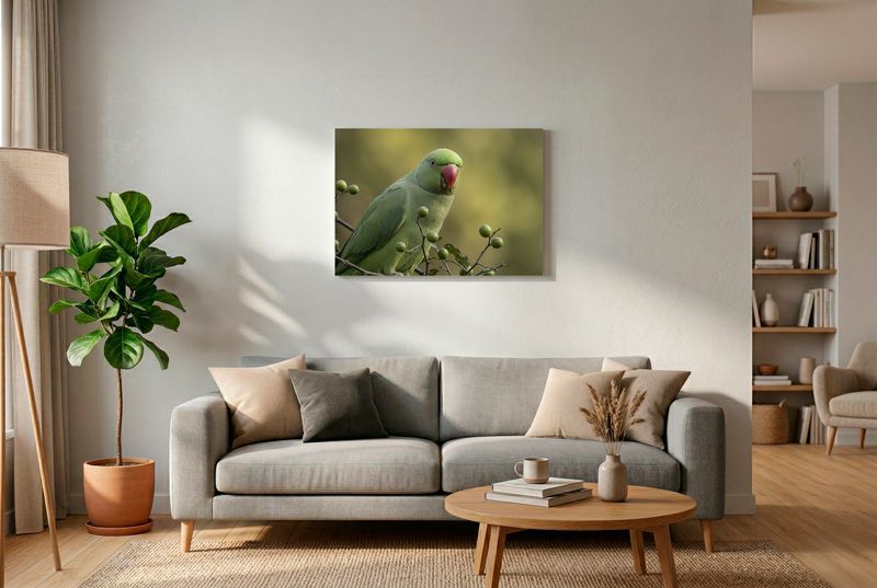 Rose-Ringed Parakeet - Mid-Meal Marvel This captivating image shows a vibrant green rose-ringed parakeet looking directly at the camera, its expression one of engag