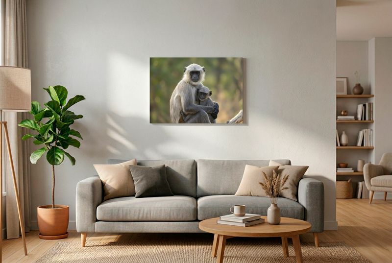 A poignant and tender moment is captured in this close-up portrait of a gray langur mother and her infant. The mother monkey 