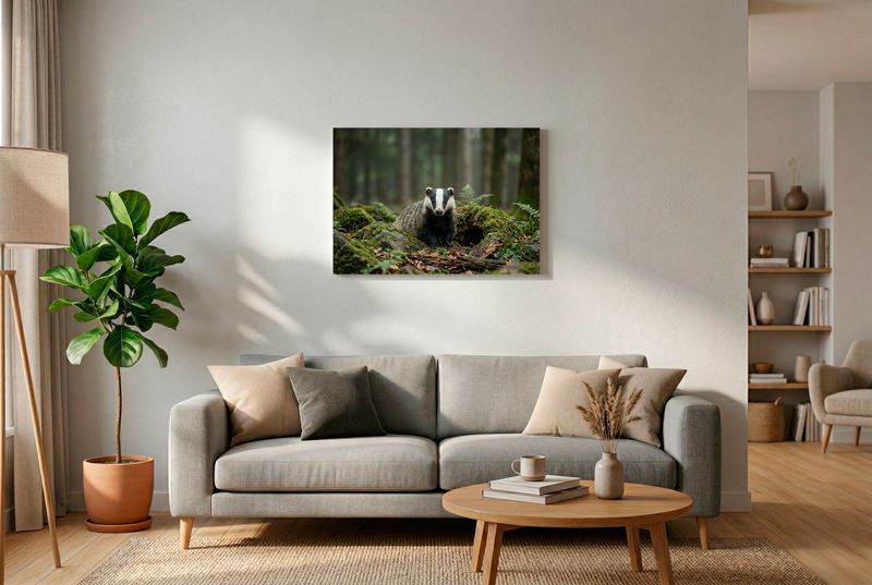 European Badger - The Guardian of the Mossy Realm Ein Europäischer Dachs steht im Zentrum der Aufnahme und blickt direkt in die Kamera. Das Tier ist durch seine charakteristis