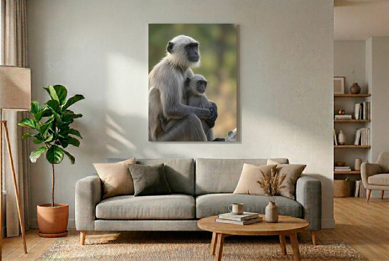 Gray Langur - A Mother's Quiet Vigil This moving vertical portrait captures a Northern plains gray langur (Semnopithecus entellus) mother and her infant in a mome